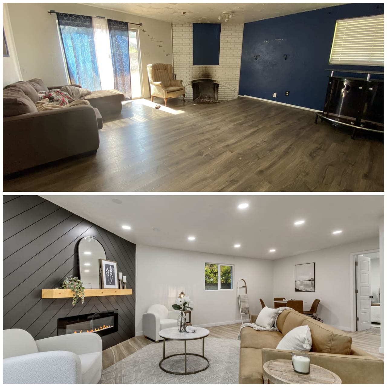 Before-and-after of a Utah living room remodel — from an outdated room with painted-brick fireplace and dark navy accent wall to a modern living room with dark chevron shiplap wall, linear electric fireplace, light gray plank floor, and bright staging — by CasaMás Construction